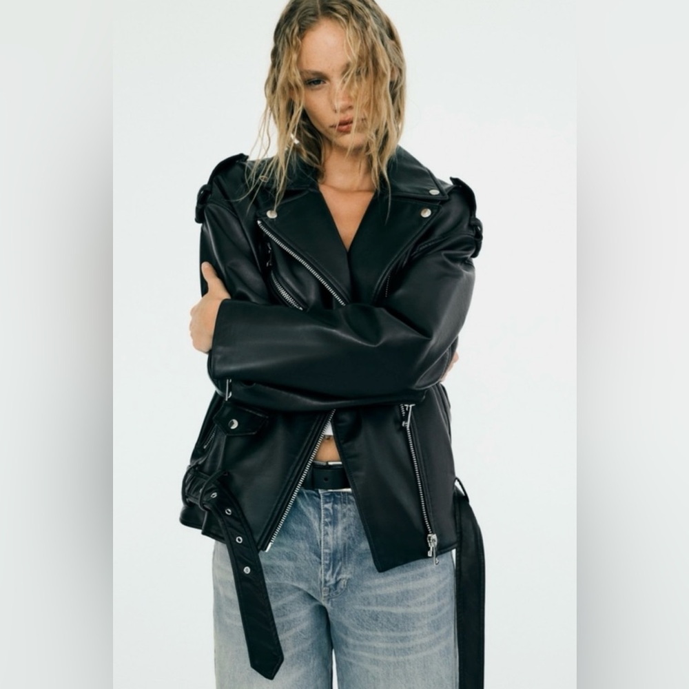 Zara NWT faux leather oversized biker jacket size L *missing belt*